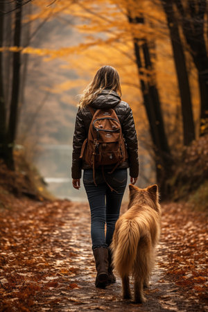 Active young woman with dog on a walk in a beautiful autumn forestの素材