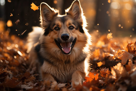 German shepherd dog on a walk in an autumn forestの素材