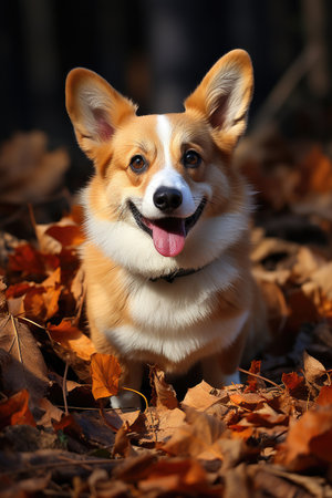 Happy dog of welsh corgi pembroke breed on a walk in an autumn forestの素材