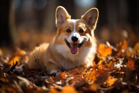 Happy dog of welsh corgi pembroke breed on a walk in an autumn forestの素材