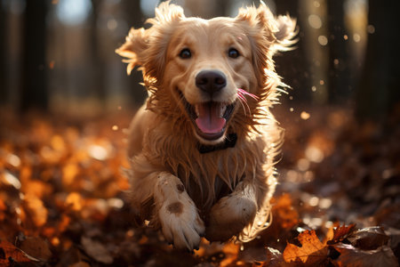 Happy golden retriever dog on a walk in an autumn forestの素材