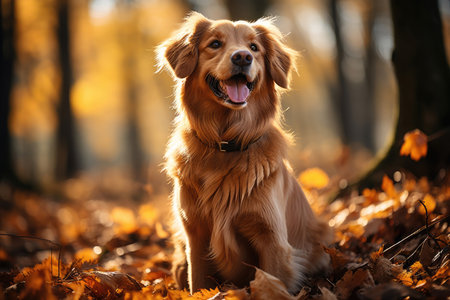 golden retriever in golden autumn foliageの素材
