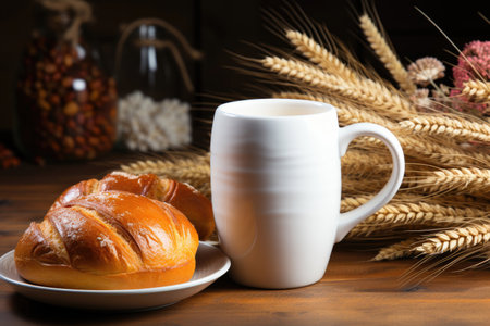 A white mug and an appetizing bun on an autumn backgroundの素材