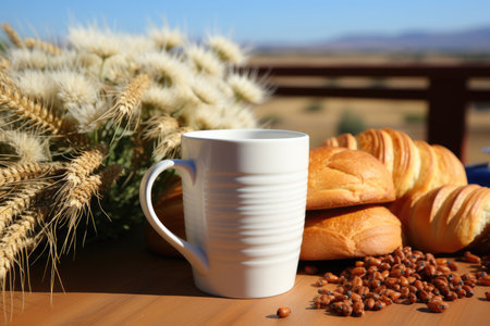 A white mug and an appetizing pastry on an summer backgroundの素材