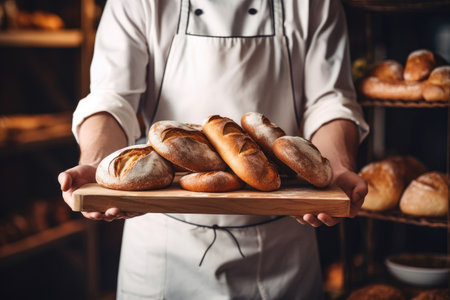 Hands of a professional chef with a tray of freshly baked breadの素材