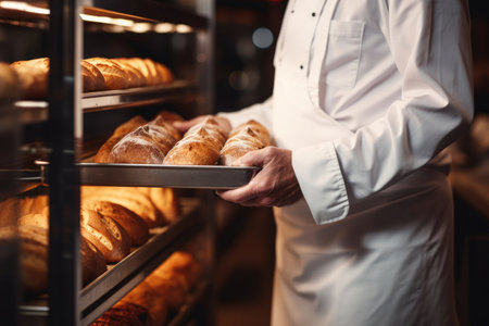 Hands of a professional chef with a tray of freshly baked breadの素材