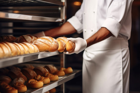 Hands of a professional chef with a tray of freshly baked breadの素材