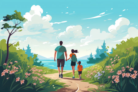 Illustration of a happy family on summer walkの素材
