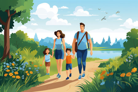 Illustration of a happy family on summer walkの素材