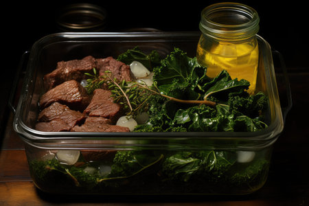 Soaked kelp and beef in a trayの素材