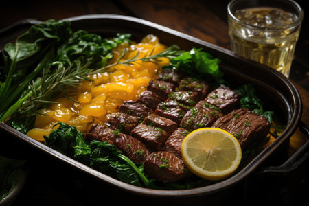 Soaked kelp and beef in a trayの素材