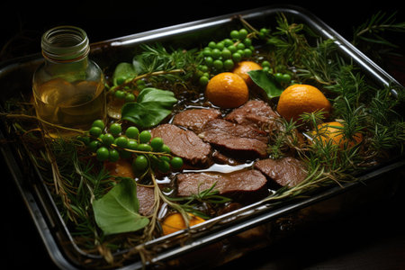 Soaked kelp and beef in a trayの素材