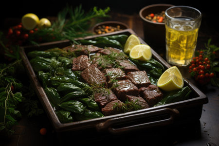 Soaked kelp and beef in a trayの素材