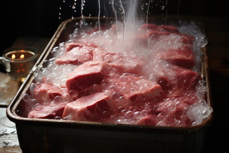 Meat in a tray soaked under brothの素材