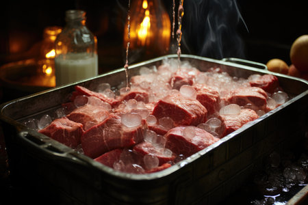 Meat in a tray soaked under brothの素材