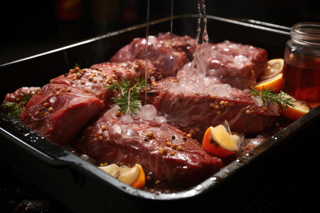 Meat in a tray soaked under brothの素材