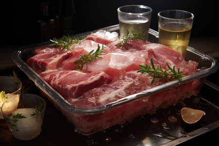 Meat in a tray submerged under brothの素材