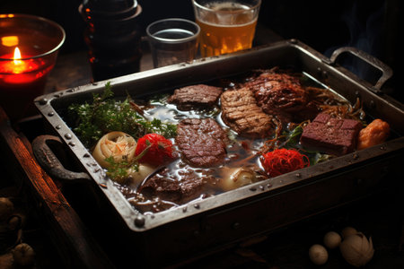 Meat in a tray submerged under brothの素材