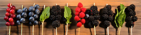 Assorted berries strung in a wooden skewerの素材