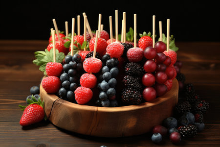 Assorted berries strung in a wooden skewerの素材