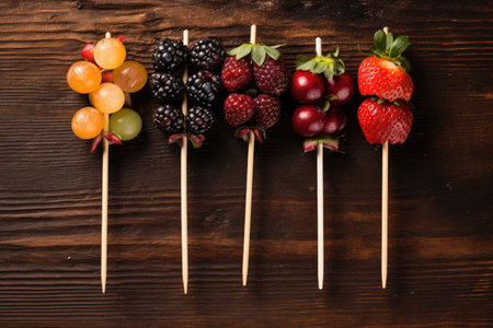 Assorted berries strung in a wooden skewerの素材