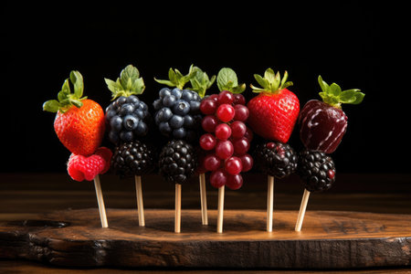 Assorted berries strung in a wooden skewerの素材