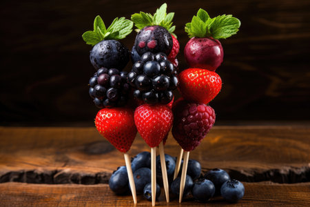 Assorted berries strung in a wooden skewerの素材