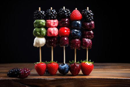 Assorted berries strung in a wooden skewerの素材