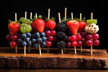 Assorted berries strung in a wooden skewerの素材