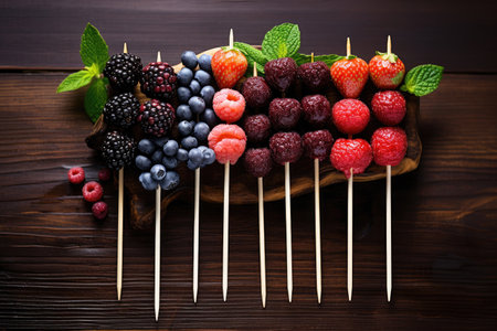 Assorted berries strung in a wooden skewerの素材