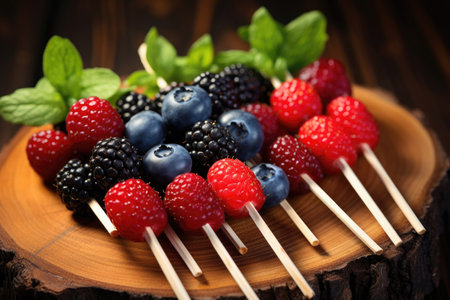 Assorted berries strung in a wooden skewerの素材