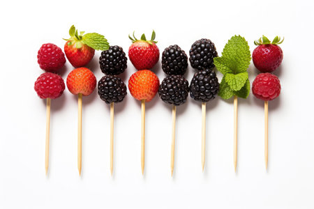 Assorted berries strung in a wooden skewer on a white backroundの素材