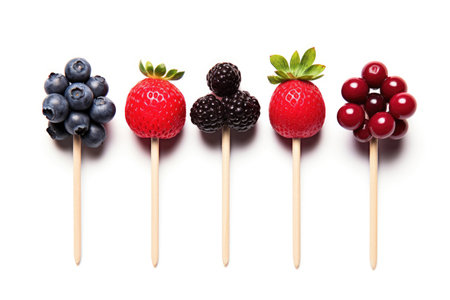 Assorted berries strung in a wooden skewer on a white backroundの素材