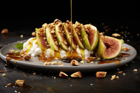 A fig filled with goat cheese and nuts and drizzled with honeyの素材