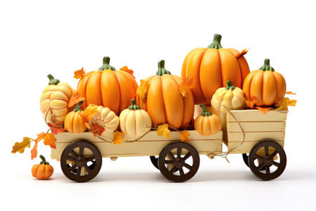Thanksgiving wagon full of plane pumpkins with leaves falling on a white backgroundの素材