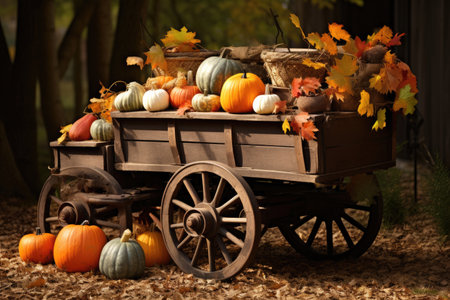 Thanksgiving wagon full of plane pumpkins with leaves fallingの素材