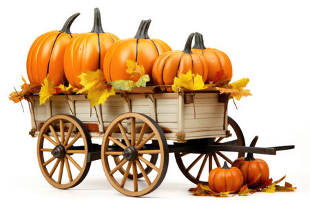 Thanksgiving wagon full of plane pumpkins with leaves falling on a white backgroundの素材