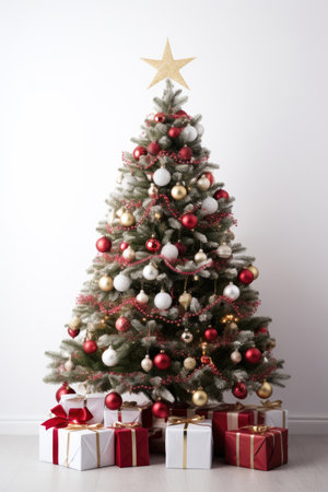 Decorated Christmas tree on white backgroundの素材