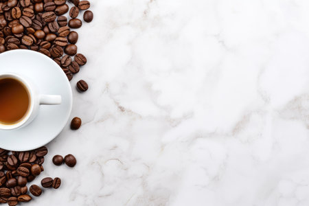 Cups of hot coffee and coffee beans on a white marble backgroundの素材