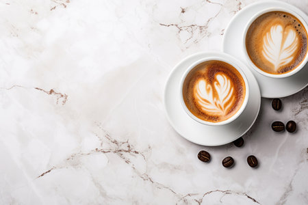 Cups of hot coffee and coffee beans on a white marble backgroundの素材