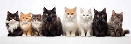 Group of sitting cats of different breeds on a white backgroundの素材