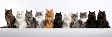 Group of sitting cats of different breeds on a white backgroundの素材