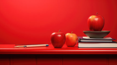 World Teachers Day image with apples, books and pencils on table and red backgroundの素材