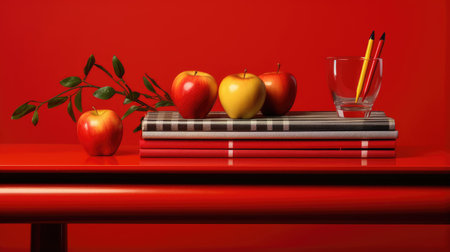 World Teachers Day image with apples, books and pencils on table and red backgroundの素材