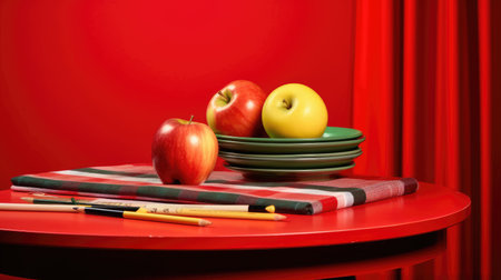 World Teachers Day image with apples, books and pencils on table and red backgroundの素材
