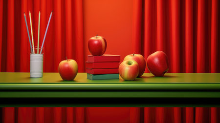 World Teachers Day image with apples, books and pencils on table and red backgroundの素材