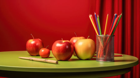 World Teachers Day image with apples, books and pencils on table and red backgroundの素材