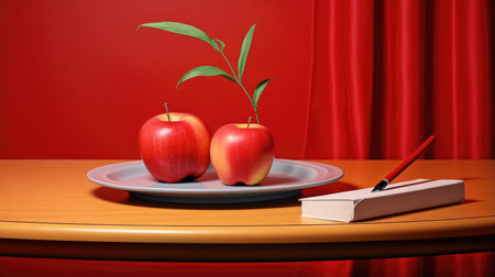 World Teachers Day image with apples, books and pencils on table and red backgroundの素材