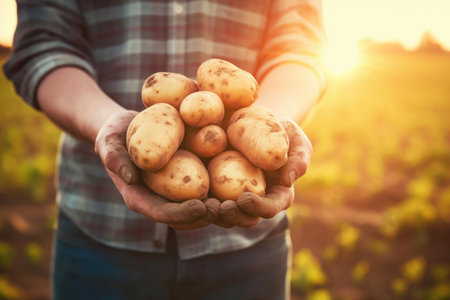 Farmer is holding potatoes in his hands, close upの素材