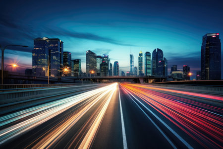 Busy city highway during evening rush hourの素材